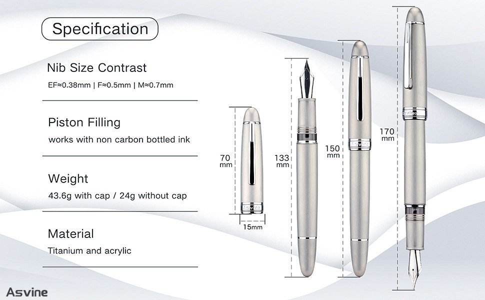 Спецификация (размеры) перьевой ручки Asvine J16 с официального сайта